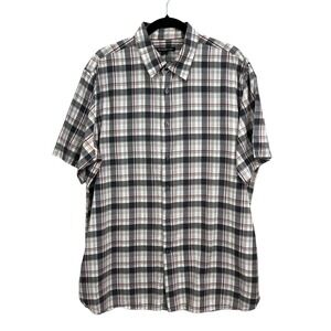 John Varvatos USA Plaid Shirt Button Up Short Sleeve Cotton Gray Red Men Sz XL*